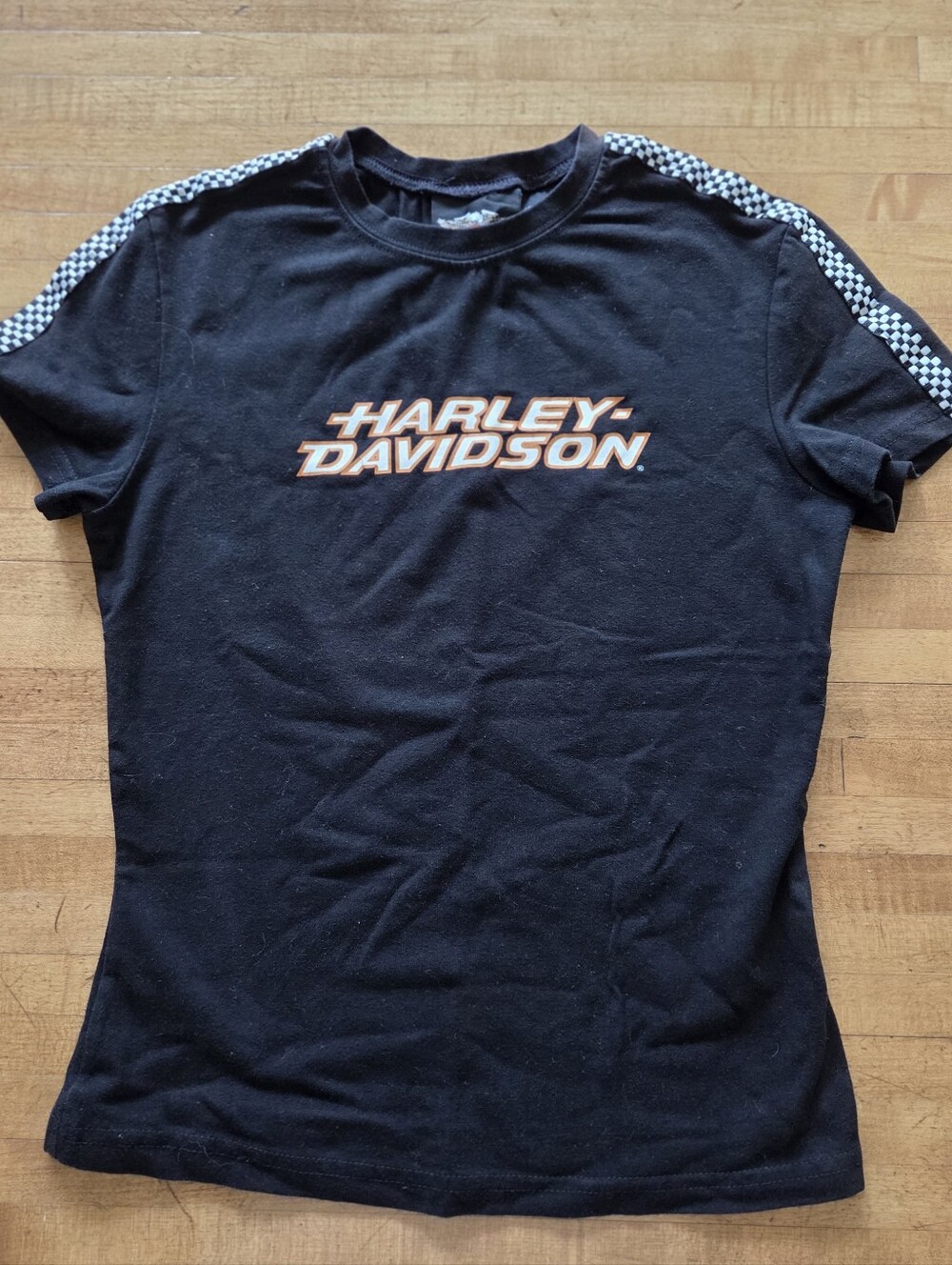 Harley-Davidson Black Tee with Racer Checketed Sleeves XS